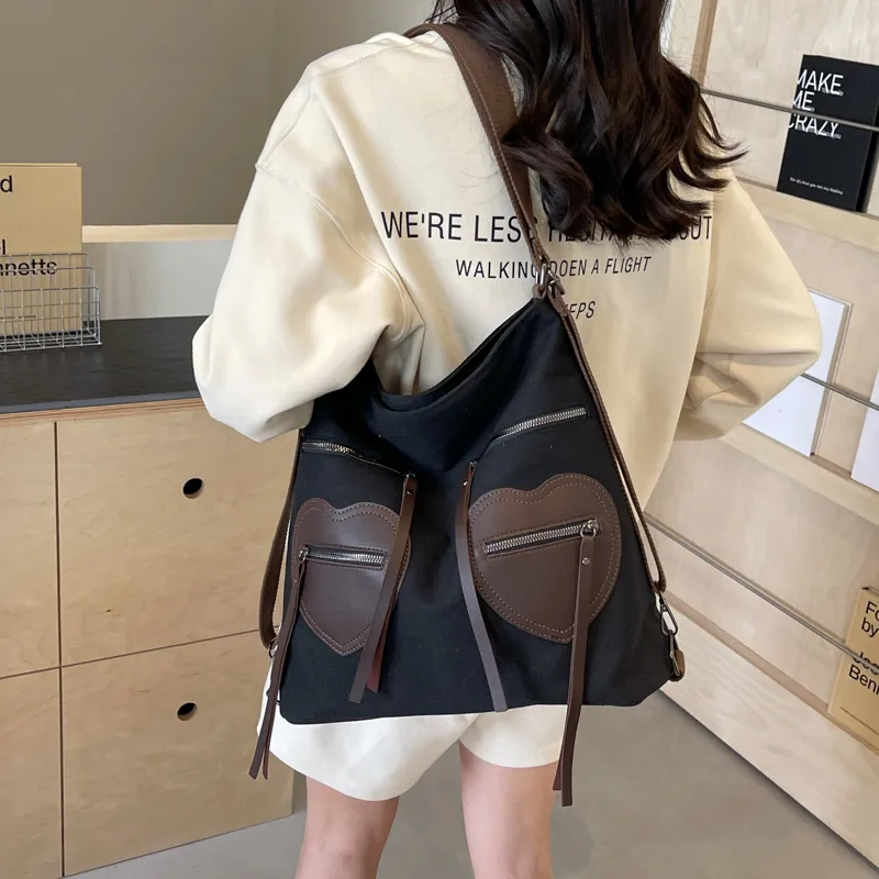 CORE BIRD Fabric Shoulder Bag Women's Ecru/Black/Khaki-10