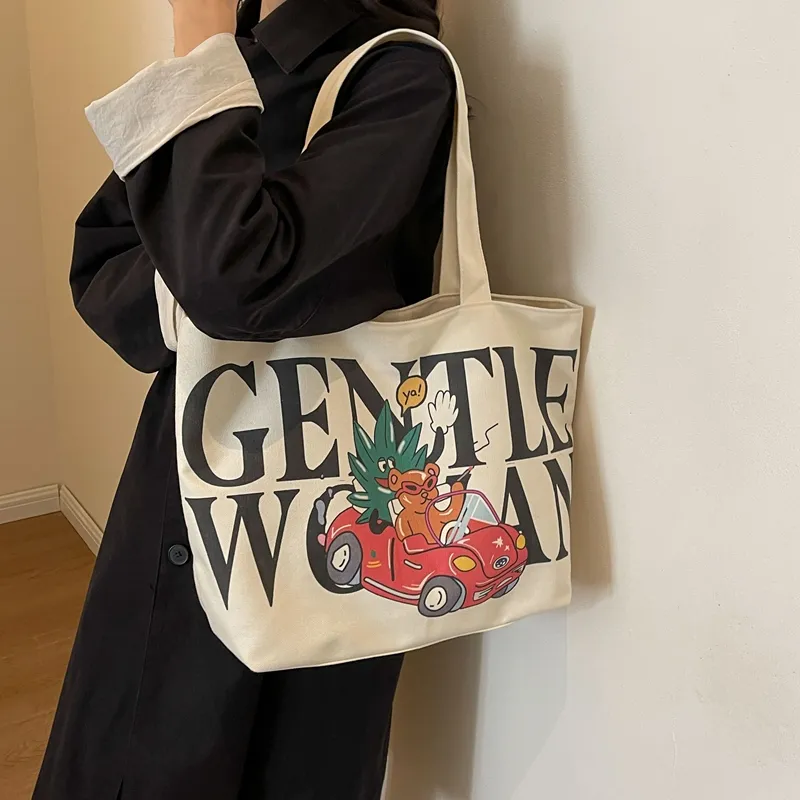 CORE BIRD Canvas Canvas Bag Tote Bag Shopping Bag Shoulder Bag Women's Ecru/Khaki-2