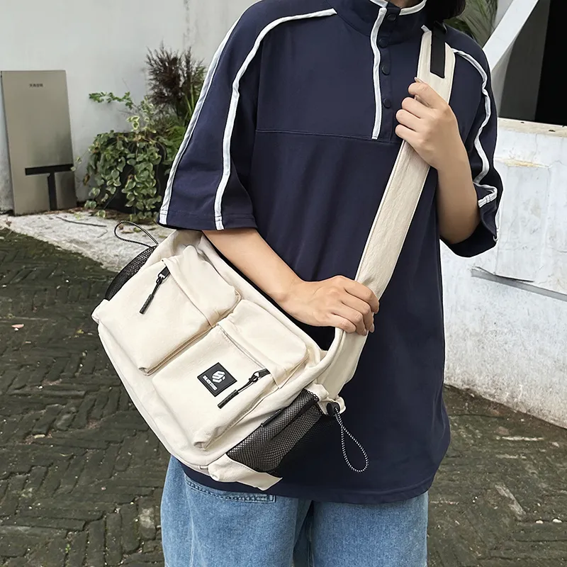 CORE BIRD Nylon Messenger Bag, Shoulder Bag, Crossbody Bag Unisex Ecru/Green/Black-4