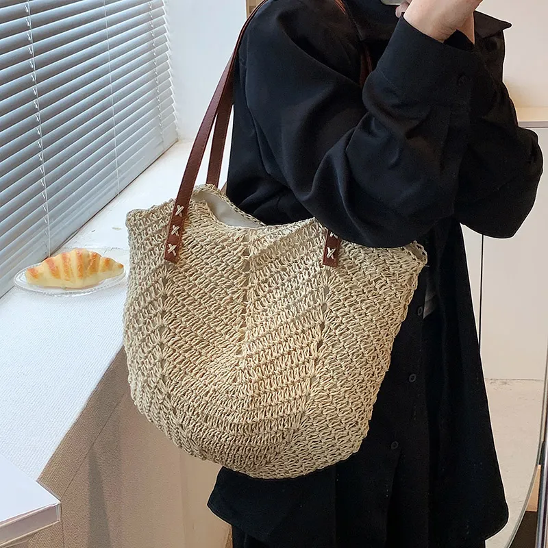 CORE BIRD Straw Woven Shoulder Bag Women's Khaki/Beige-3