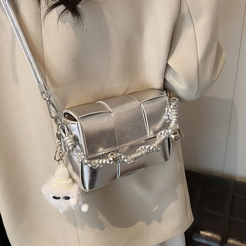 CORE BIRD PU Shoulder Bag Small Size Women's Light Gray/Silver-7