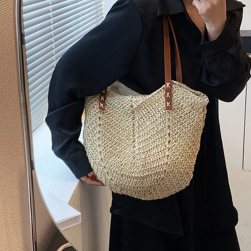 CORE BIRD Straw Woven Shoulder Bag Women's Khaki/Beige-1