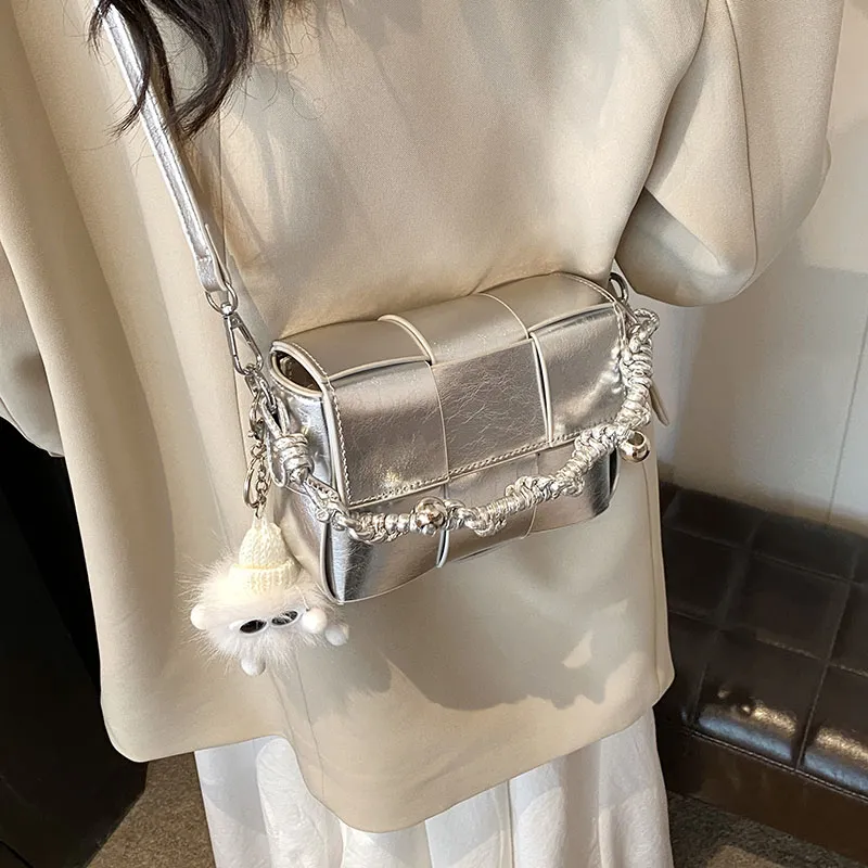 CORE BIRD PU Shoulder Bag Small Size Women's Light Gray/Silver-5