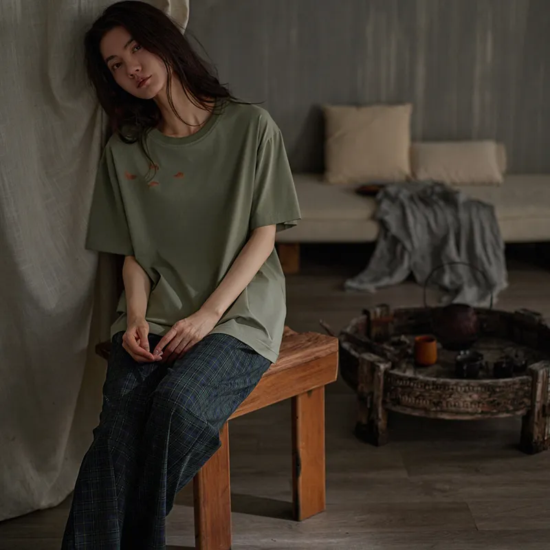 Same Language Pajama Set Women's Army Green · Ocean Cyan Plaid-5