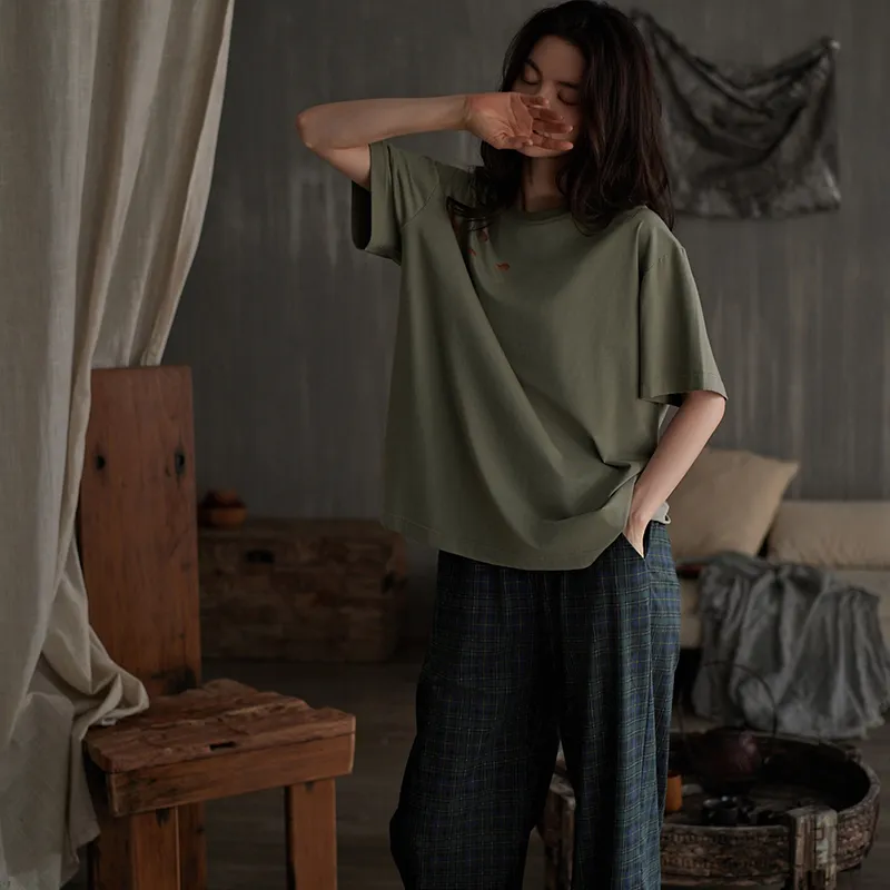 Same Language Pajama Set Women's Army Green · Ocean Cyan Plaid-4