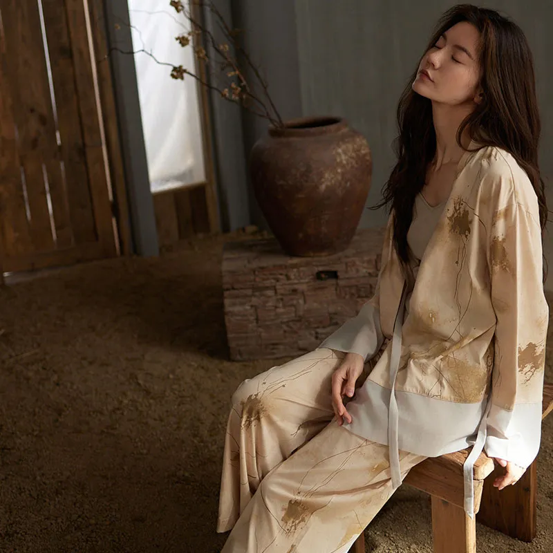 Same Language Pajama Set Women's Autumn Yellow/Fallen Leaves-3