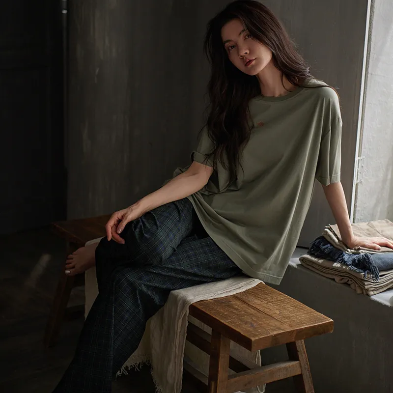 Same Language Pajama Set Women's Army Green · Ocean Cyan Plaid-2