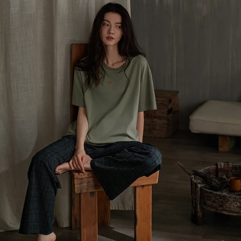 Same Language Pajama Set Women's Army Green · Ocean Cyan Plaid-1