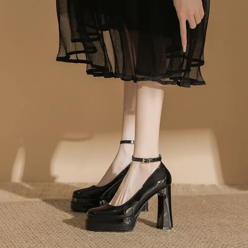 Bamiti Chunky Heel High Heels 11cm Women's Black-3