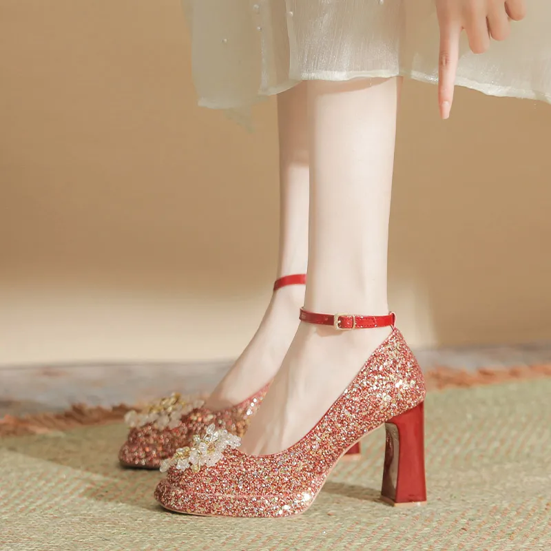Bamiti Chunky Heel High Heels Women's Red-4