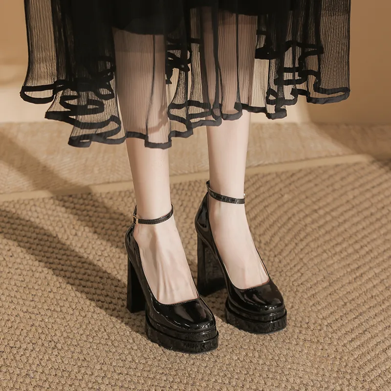 Bamiti Chunky Heel High Heels 11cm Women's Black-6