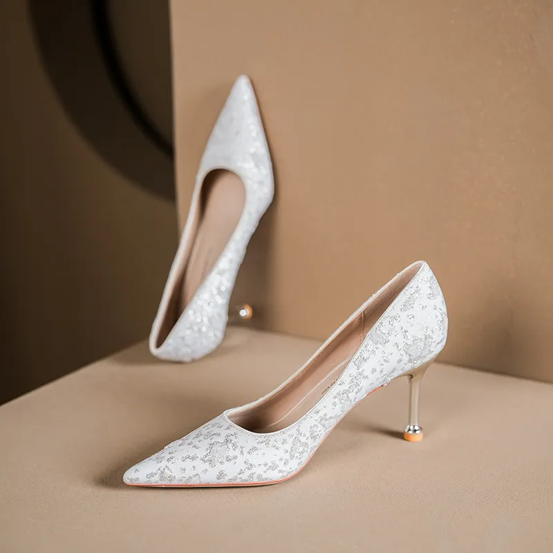 Bamiti High Heels Women's White Champagne Silver-4