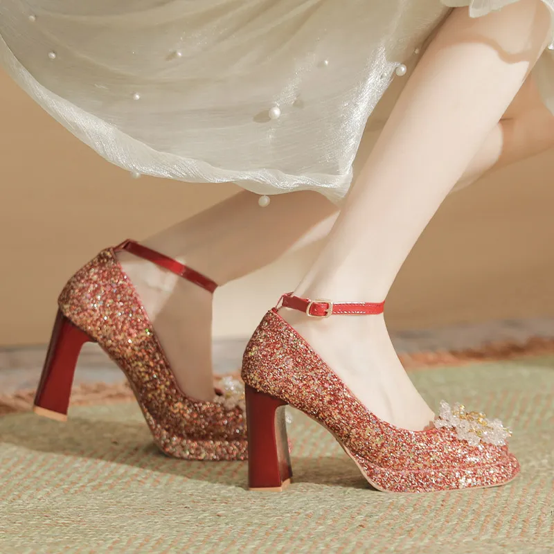 Bamiti Chunky Heel High Heels Women's Red-1