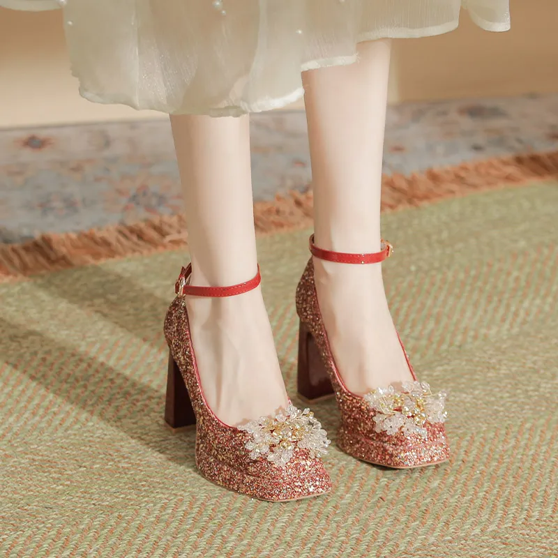 Bamiti Chunky Heel High Heels Women's Red-5