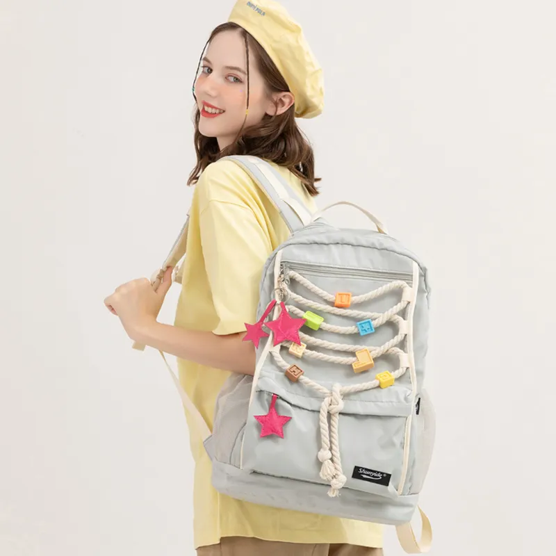 SHUNYIDE Nylon Double Shoulder Backpack Students Backpack Laptop Bag Medium Size Unisex Silver Gray-4
