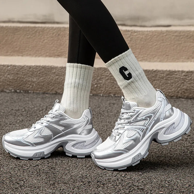 Warrior Height Increasing Low Top Chunky Sneakers Women's Silver White-5