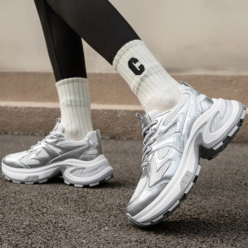 Warrior Height Increasing Low Top Chunky Sneakers Women's Silver White-6