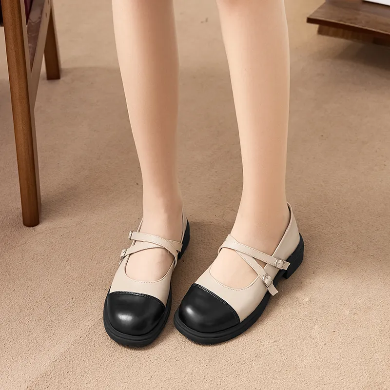 Warrior Flat Mary Jane Shoes Women's Beige Black-8