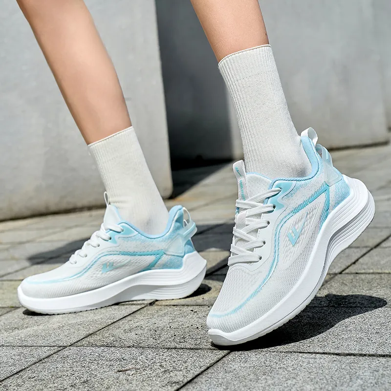 Warrior Cushioning Rebound Height Increasing Lightweight Slip Resistant Low Top Running Shoes Women's White Blue-5