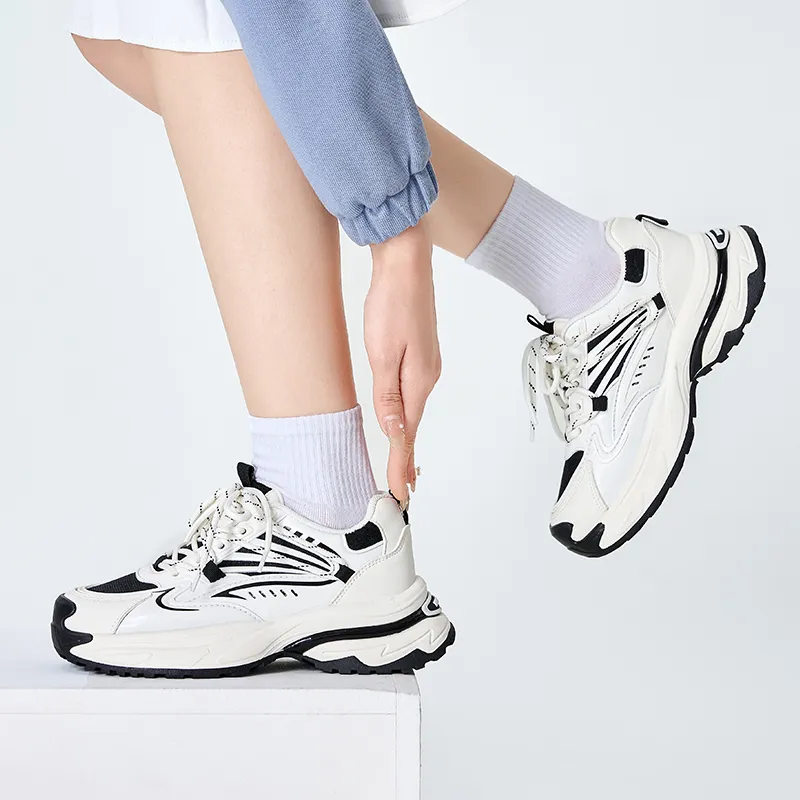 Warrior Breathable Height Increasing Low Top Chunky Sneakers Women's Beige Black-6