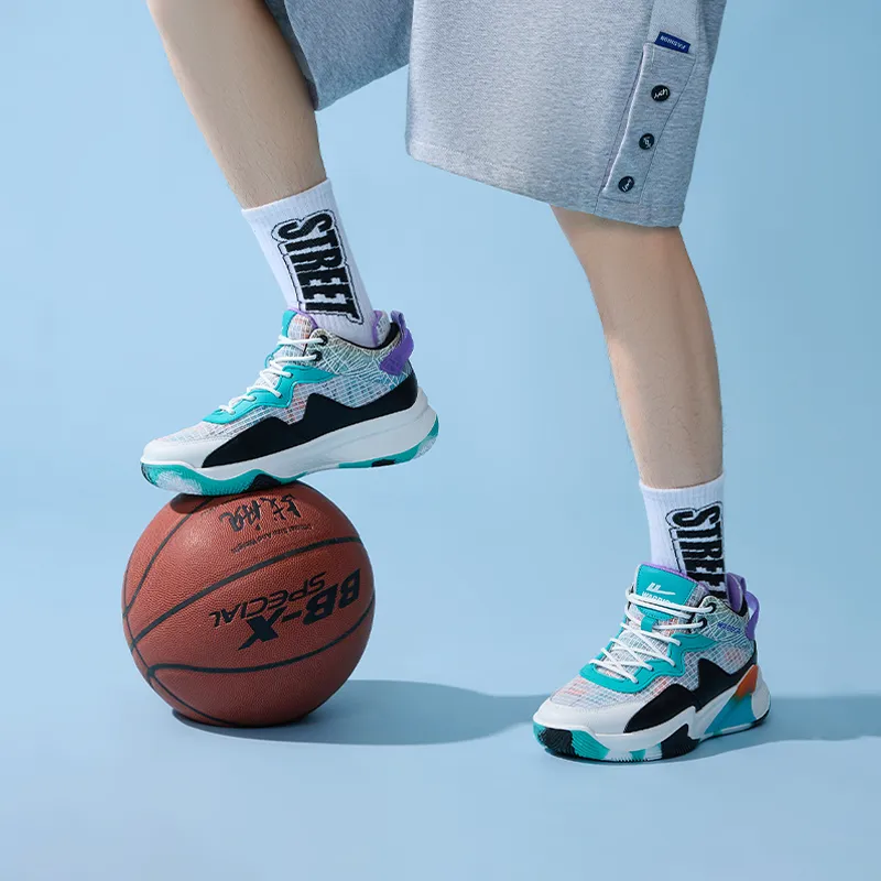 Warrior Anti Slip Wear Resistant Breathable Support Mid Top Basketball Shoes Men's White Black Lake Blue-5