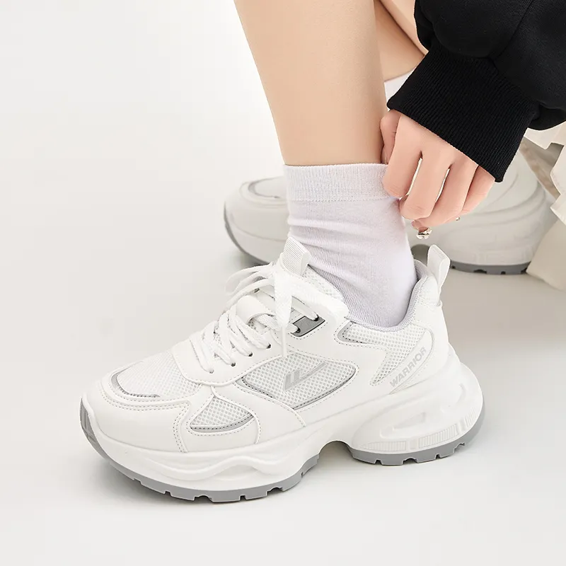 Warrior Anti-Slip And Wear-Resistant Breathable Low-Top Chunky Sneakers Women's White Silver-5