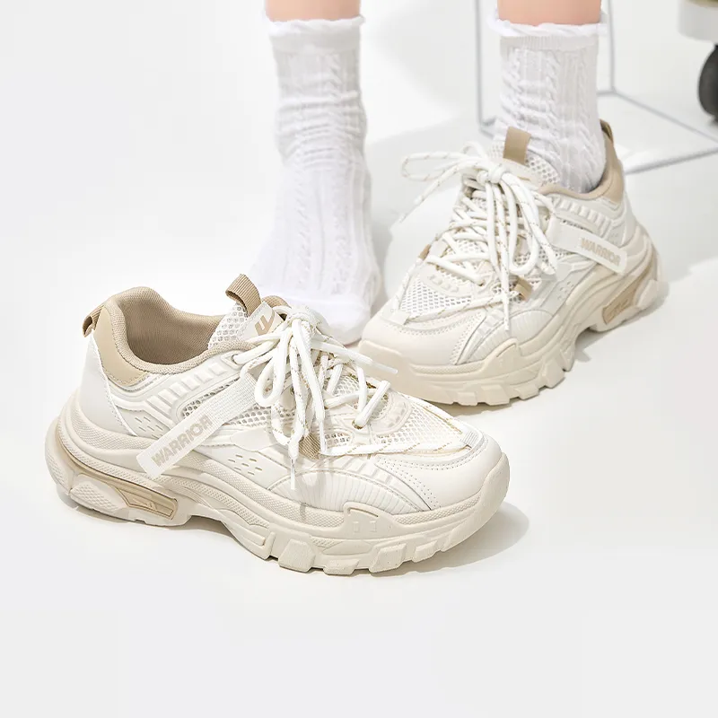 Warrior Breathable Height Increasing Low Top Chunky Sneakers Women's Beige Khaki-4
