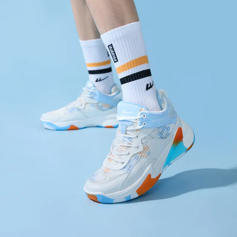 Warrior Anti Slip Wear Resistant Breathable Support Mid Top Basketball Shoes Men's White Light Blue-5