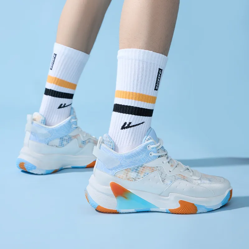 Warrior Anti Slip Wear Resistant Breathable Support Mid Top Basketball Shoes Men's White Light Blue-7