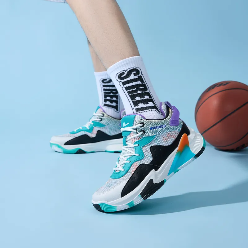 Warrior Anti Slip Wear Resistant Breathable Support Mid Top Basketball Shoes Men's White Black Lake Blue-8