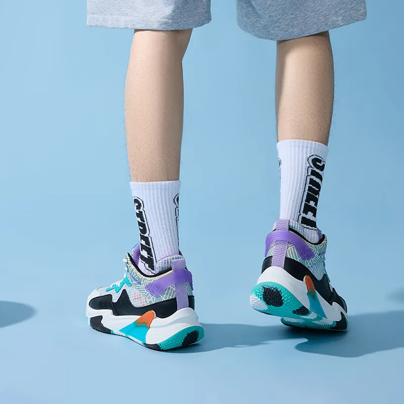 Warrior Anti Slip Wear Resistant Breathable Support Mid Top Basketball Shoes Men's White Black Lake Blue-6