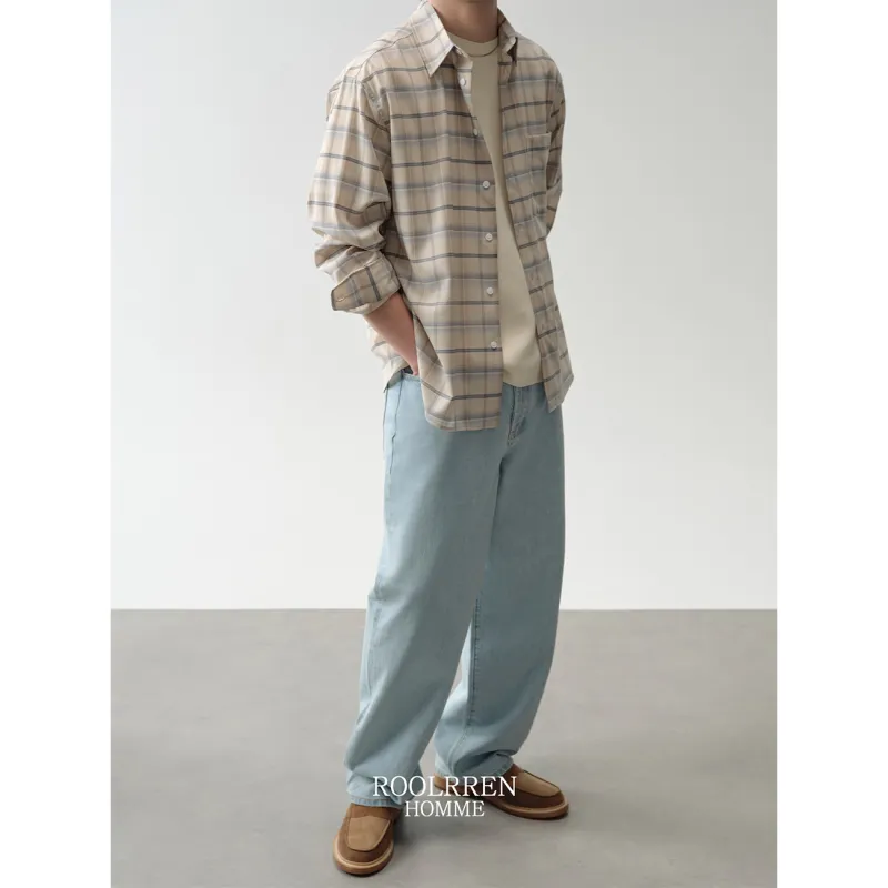 ROOLRREN Shirt Men's Blue White Plaid-1