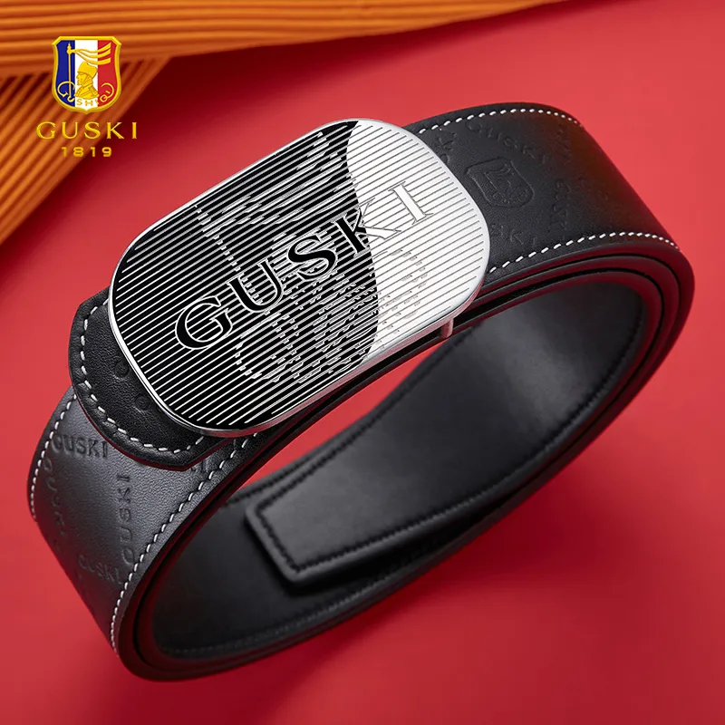 GUSKI Top Grain Cow Leather Embossed Smooth Buckle Belt Comfortable Waist Belt Men's Silver Width 3.8cm Gift Box Set-3