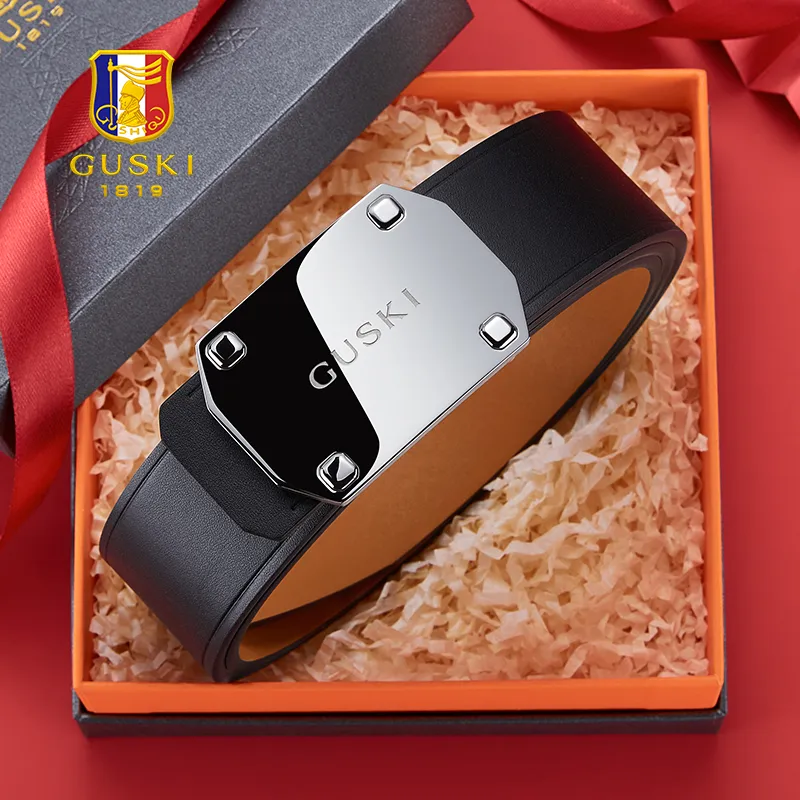 GUSKI Cow Leather Smooth Buckle Belt Men's Width: 3.8cm Set Box-1