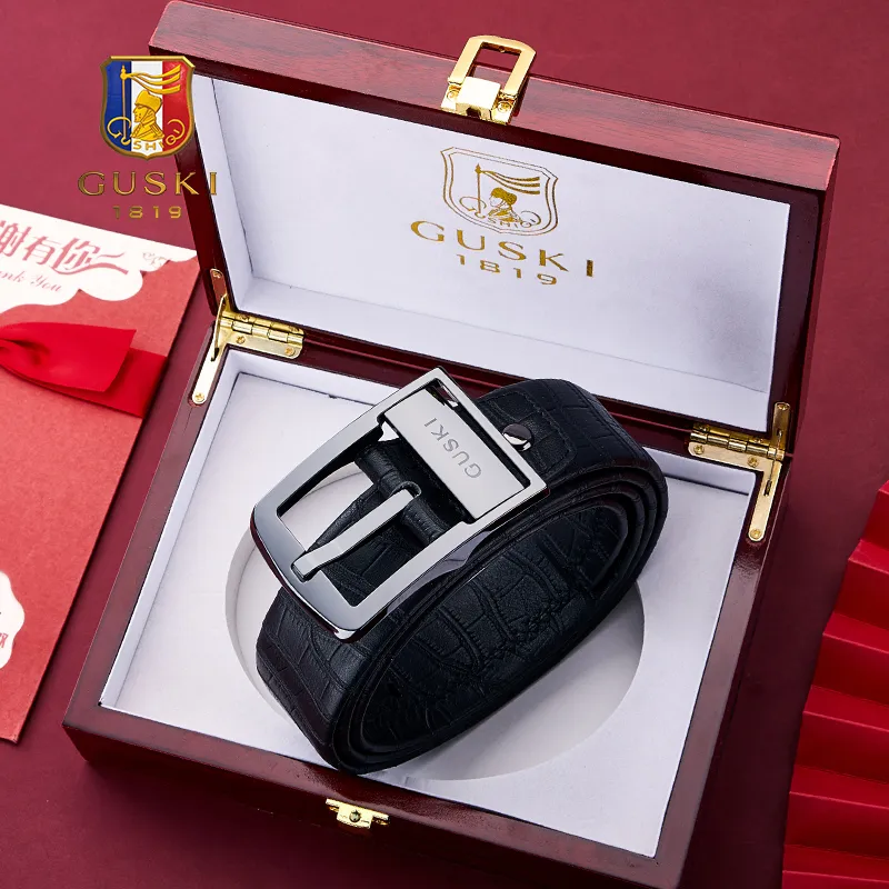 GUSKI Top Grain Cow Leather Pin Buckle Elegance Waistband Men's Gunmetal Width 3.8cm Gift Box Set-5