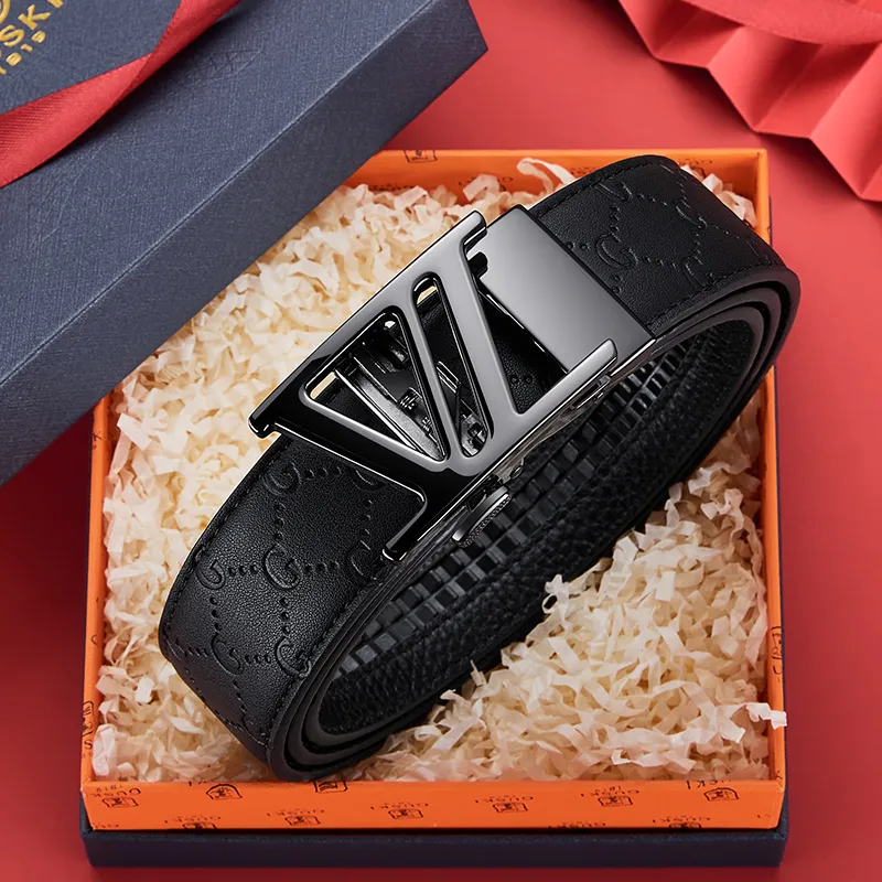 GUSKI Top Grain Cow Leather Automatic Buckle Belt, Suitable For Men's Pants Men's Gunmetal Width 3.5cm Gift Box Set-2