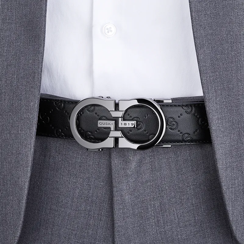 GUSKI Top Grain Cow Leather Belt, Husband's Belt Men's Gunmetal Width 3.5cm Gift Box Set-18