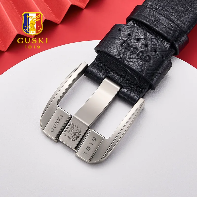 GUSKI Top Grain Cow Leather Belt Premium Elegance Husband's Belt Men's Gunmetal Width 3.7cm Gift Box Set-5