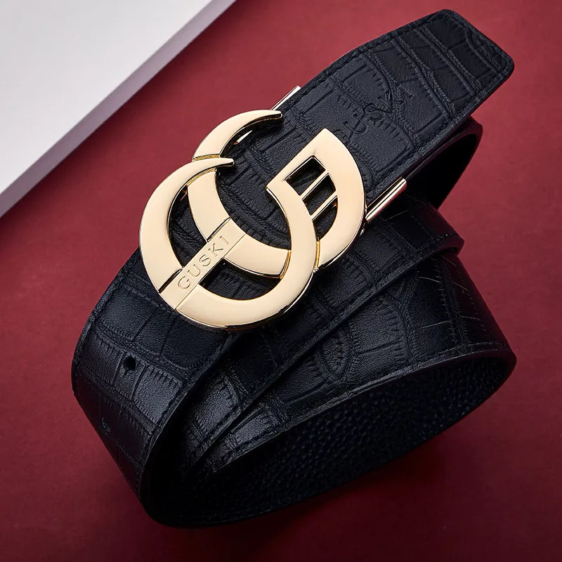 GUSKI Top Grain Cow Leather Smooth Buckle Belt, Husband's Fashion Belt Men's Gunmetal, Gold Width  3.8cm Gift Box Set-15