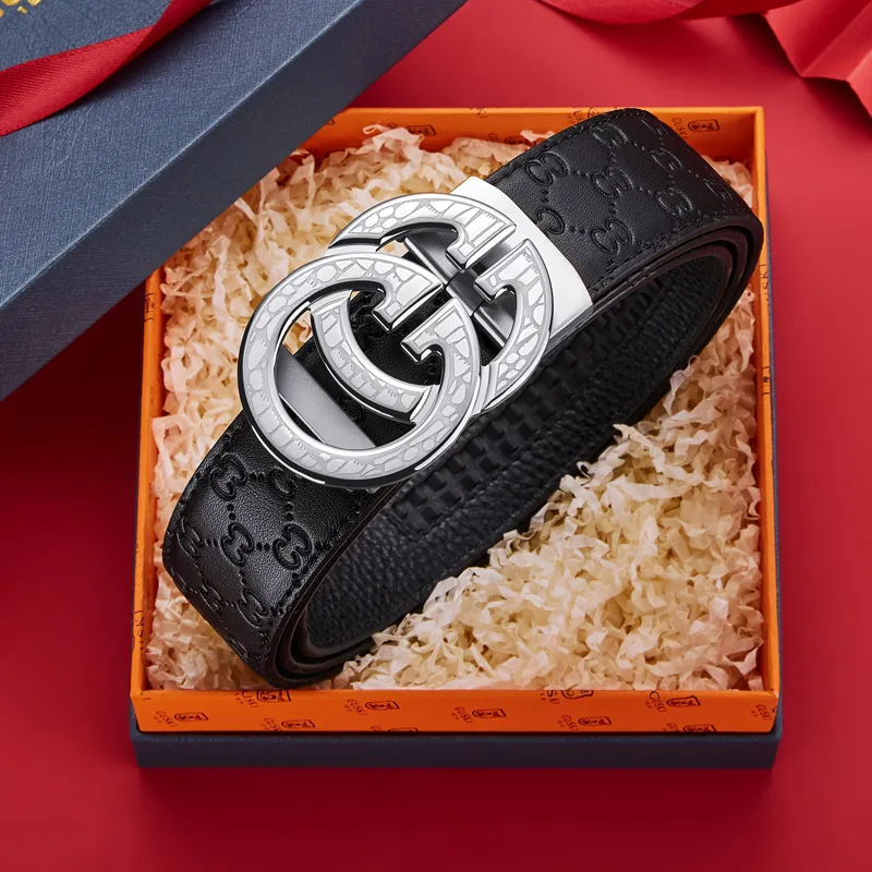GUSKI Top Grain Cow Leather Steel Buckle Belt, Husband's Elegance Belt Men's Width 3.5cm Gift Box Set-2