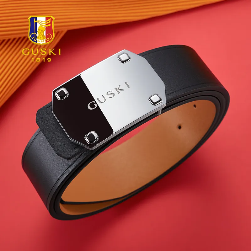GUSKI Cow Leather Smooth Buckle Belt Men's Width: 3.8cm Set Box-4