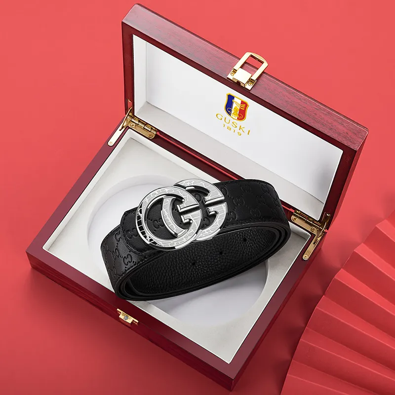 GUSKI Top Grain Cow Leather Smooth Buckle Belt Suitable For Men's Pants Men's Silver Gold Width: 3.8cm Gift Box Sets-4