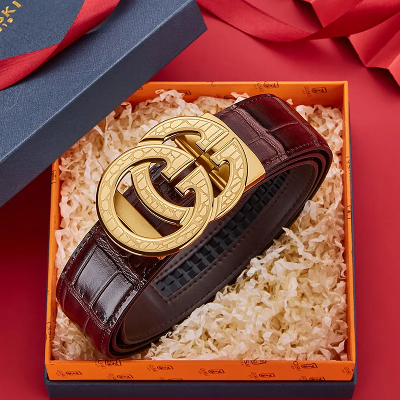 GUSKI Top Grain Cow Leather Steel Buckle Belt, Husband's Elegance Belt Men's Width 3.5cm Gift Box Set-26