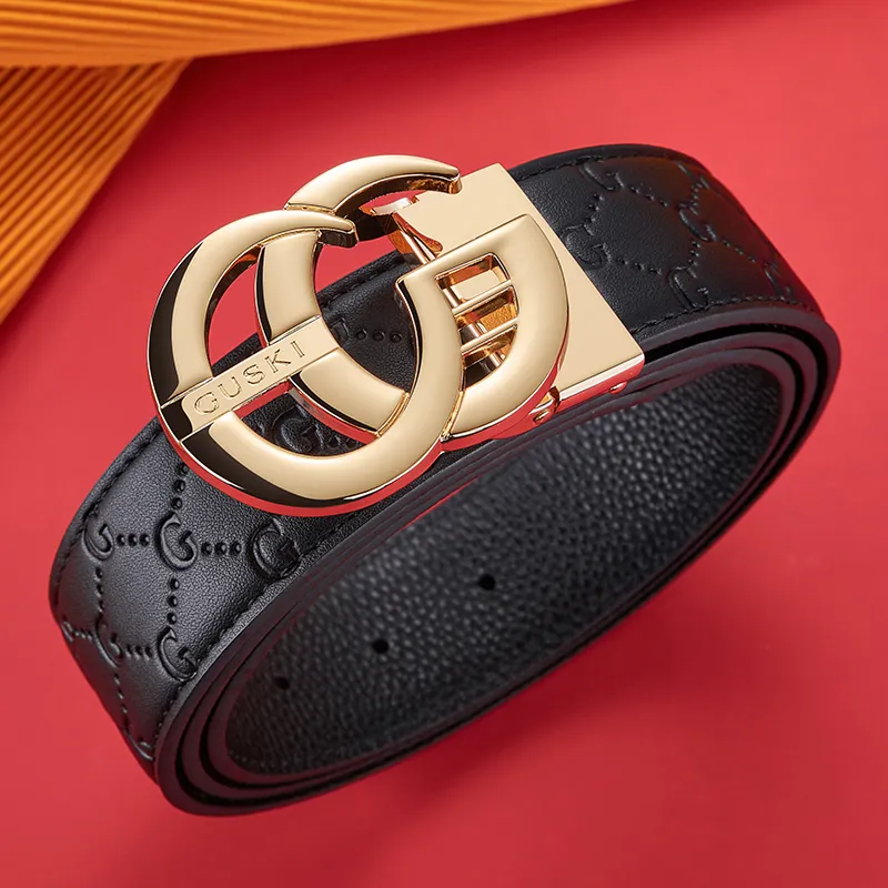 GUSKI Top Grain Cow Leather Smooth Buckle Belt, Husband's Fashion Belt Men's Gunmetal, Gold Width  3.8cm Gift Box Set-10
