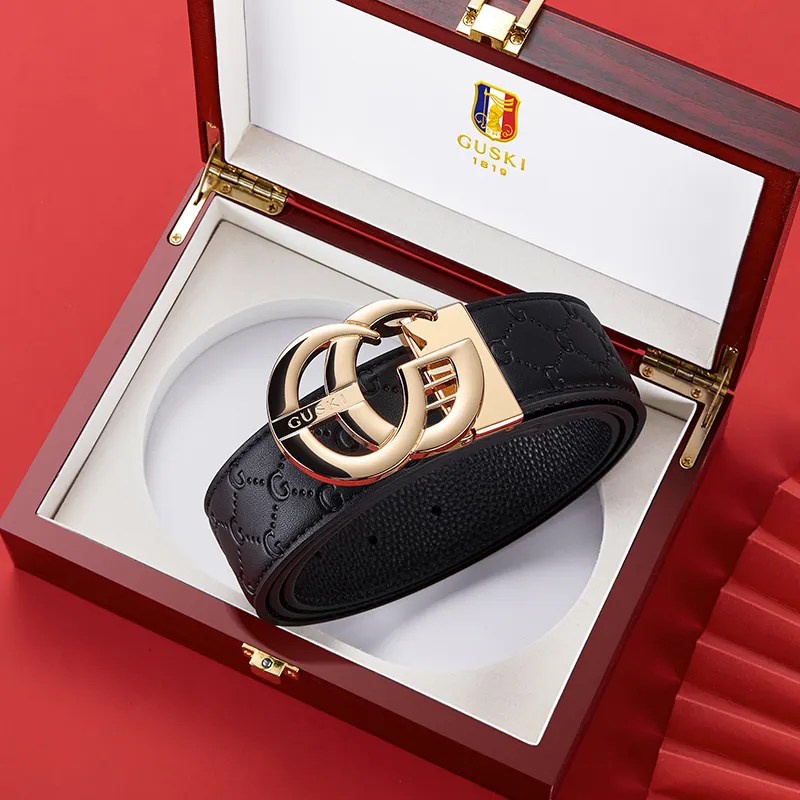 GUSKI Top Grain Cow Leather Smooth Buckle Belt, Husband's Fashion Belt Men's Gunmetal, Gold Width  3.8cm Gift Box Set-9