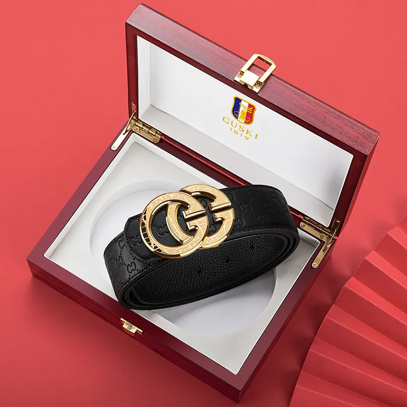GUSKI Top Grain Cow Leather Smooth Buckle Belt Suitable For Men's Pants Men's Silver Gold Width: 3.8cm Gift Box Sets-10