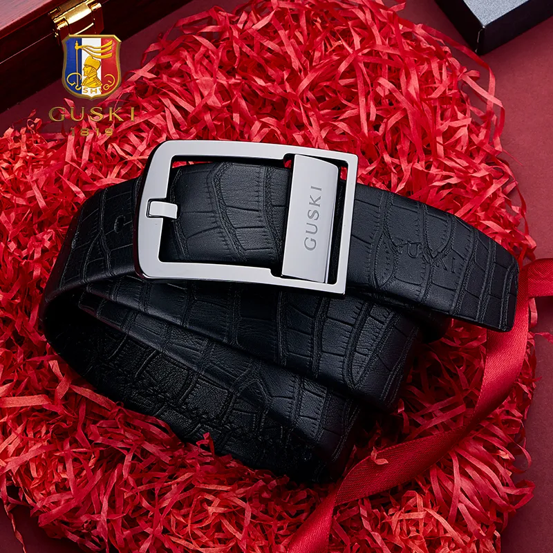 GUSKI Top Grain Cow Leather Pin Buckle Elegance Waistband Men's Gunmetal Width 3.8cm Gift Box Set-2