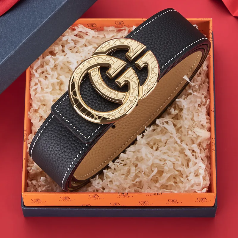 GUSKI Top Grain Cow Leather Smooth Buckle Belt Suitable For Men's Pants Men's Silver Gold Width: 3.8cm Gift Box Sets-30