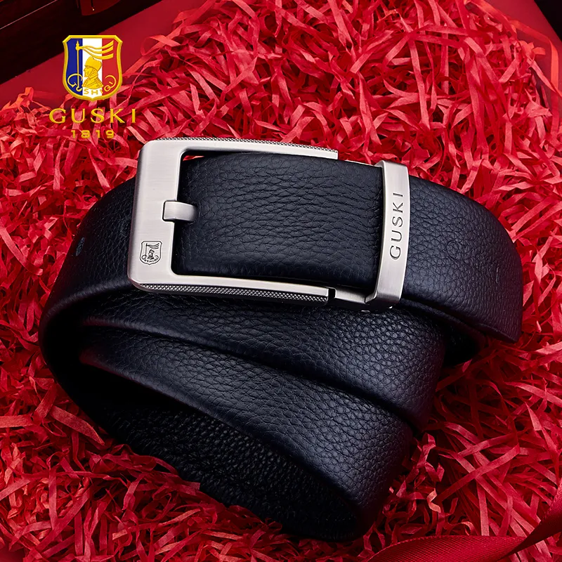 GUSKI Top Grain Cow Leather Pin Buckle Belt, Trendy, Boyfriend Belt Men's Gunmetal Width 3.8cm Gift Box Set-2