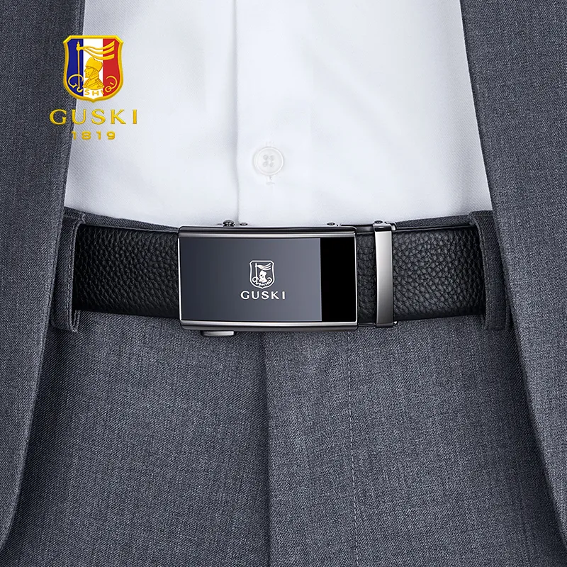 GUSKI Top Grain Cow Leather Automatic Buckle Belt Pants Belt Men's Multicolor Width 3.5cm Gift Box Set-7